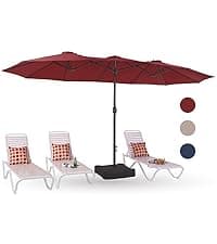 PHI VILLA 15ft Large Patio Umbrellas with Base Included, Outdoor Double-Sided Rectangle Market Umbrella with Stand, Outside Umbrellas for Poolside Lawn Backyard, Beige