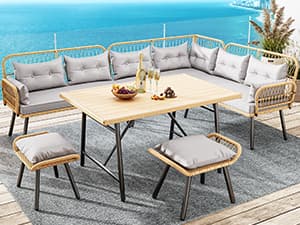 YITAHOME Patio Wicker L-Shaped Furniture Set, All-Weather Rattan Outdoor Conversation Sofa Set for Backyard Deck with Soft Cushions,Ottomans and Plastic Wood Dining Table (Light Brown+Black)