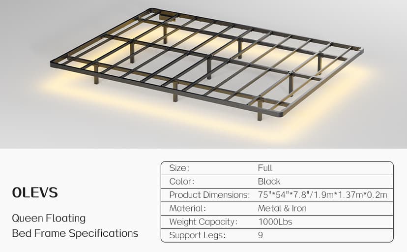 OLEVS Floating Bed Frame Full Size with Smart LED Lights and Charging Station - Modern Metal Platform Bed, Easy Assembly No Box Spring Needed