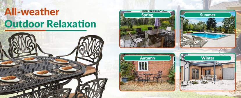 VIVIJASON 9-Piece Outdoor Furniture Dining Set, All-Weather Cast Aluminum Patio Conversation Set, Include 8 Cushioned Chairs and an Oval Table with Umbrella Hole for Balcony Lawn Garden Backyard