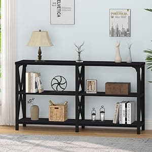 IBF Black Console Table, Modern Industrial Sofa Table with 3 Tier Storage Shelves, Farmhouse Wooden Metal Entryway Table for Living Room, Hallway, or Foyer, Black Oak, 63 Inch