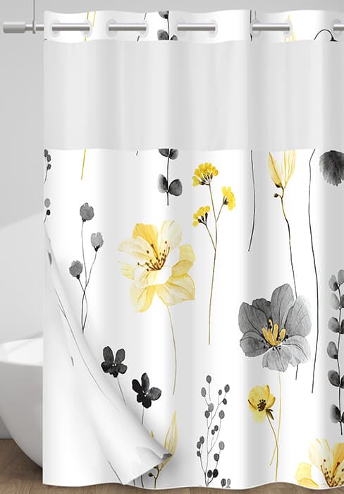 No Hook Shower Curtain with Snap in Liner - Watercolor Floral Shower Curtain - Fabric Waterproof Inner Liner, Plants Blue Beige Flowers White Cloth Shower Curtains Washable, 71 x 74 Inch