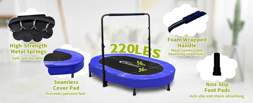 Nattork 56" Kids Trampoline Indoor, Double Trampoline with Adjustable Handle for Kids, Indoor/Outdoor Foldable Jumper, Max Load 220lbs