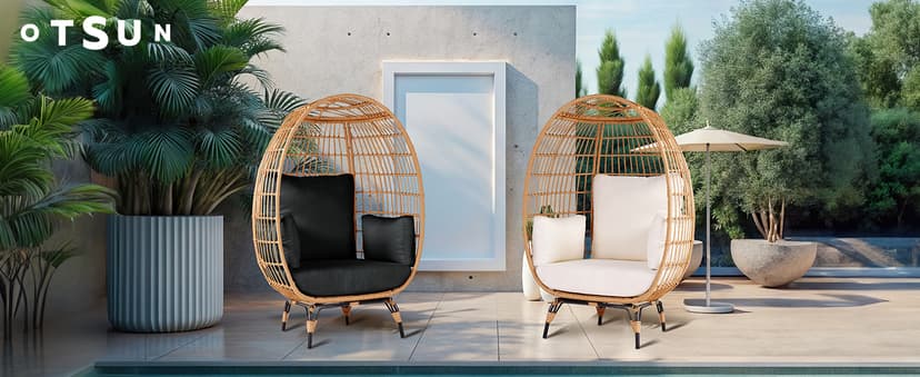 Outdoor Egg Chair, PE Wicker Chair with 4 Thicken Cushions, Patio Chairs 440 lbs Capacity, Oversized Balcony Chairs with Durable Steel Frame Perfect for Balcony, Backyard, Bedroom-Dark Black