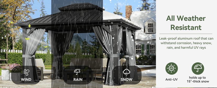 Aoxun 12'x10' Hardtop Gazebo, Aluminum Frame Permanent Pavilion with Curtains and Netting, Outdoor Galvanized Double Roof Canopy, Designed for Garden, Lawns, Patio (Black/Grey)