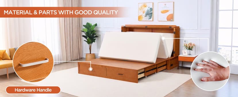 Queen Murphy Bed with Tri-Folding Mattress, Space-Saving Queen Size Wall Bed Built-in Charging Station, Foldable Murphy Bed Cabinet with 2 Storage Drawers for Bedroom, Guest Room, Cherry