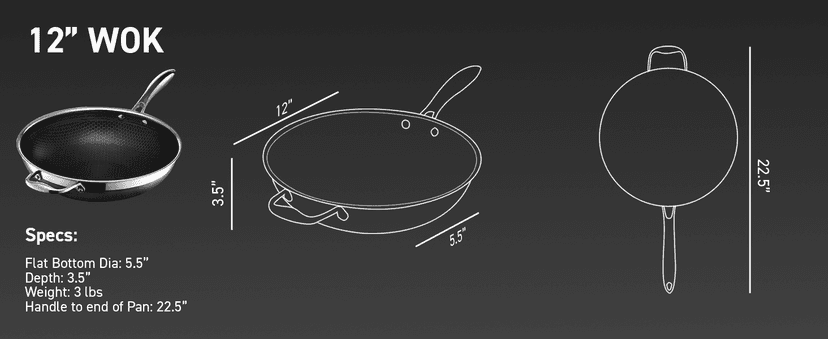 HexClad Hybrid Nonstick 12-Inch Wok, Stay-Cool Handle, Dishwasher-Friendly, Oven-Safe Up to 900°F, Induction Ready, Compatible with All Cooktops