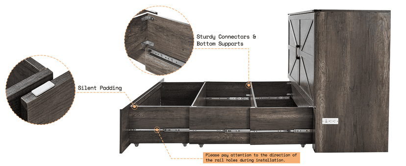 AMERLIFE Queen Murphy Bed with Storage & Charging Station, Farmhouse Murphy Cabinet with Foldable Panel, Noisy Free, for Living Room, Guest Bedroom, Office, Rustic Gray