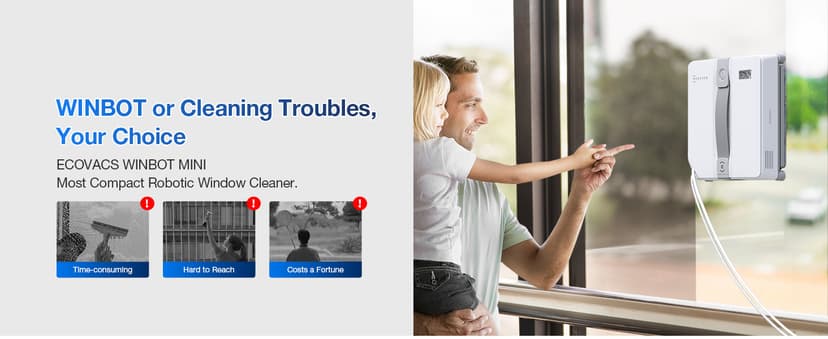 ECOVACS WINBOT Mini Window Cleaning Robot - Compact Design, Dual Nozzles with Ultrasonic Spray, 9-Stage Protection System, Intelligent Path Planning, 3 Cleaning Modes, Anti-Slipping System