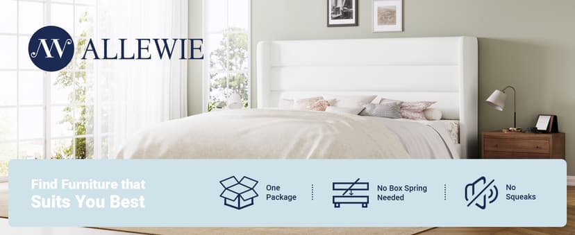 Allewie Queen Size Platform Bed Frame with Velvet Upholstered Wingback Headboard, No Box Spring Needed, Under Bed Storage Space, Strong Wooden Slats, Modern Mattress Foundation, Easy Assembly, White