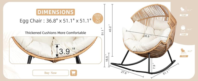Vongrasig Wicker Egg Chair PE Rattan Rocking Chair with Cushion, Oversized Patio Lounge Rocker Chair for Outdoor, Indoor, Balcony, Backyard, Garden, Beige