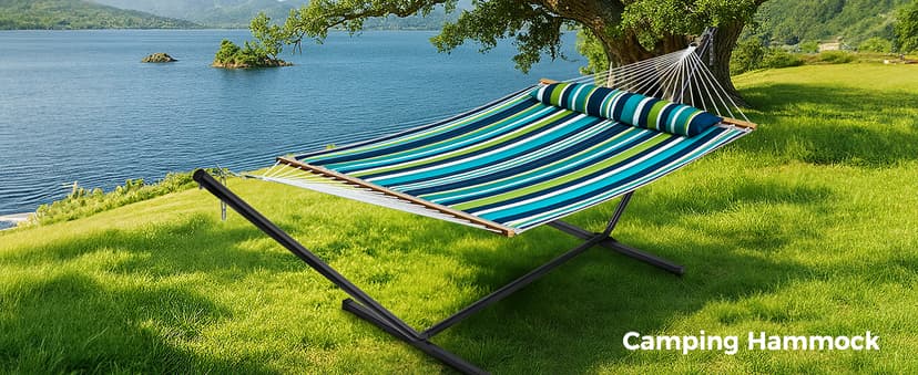 SUPERJARE Hammock with Stand, 2 Person Quilted Outdoor Hammock, Detachable Pillow & Bamboo Spreaders, Portable Hammock with Carrying Bag, Heavy Duty Stand, Perfect for Outside, Patio, Dark Cyan