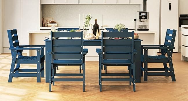 GREENVINES 7-Piece Outdoor Dining Set | HDPE | Patio Table and Chairs Sets for 6 | Patio Furniture | All Weather | Umbrella Hole | Blue| for Backyard Poolside Garden