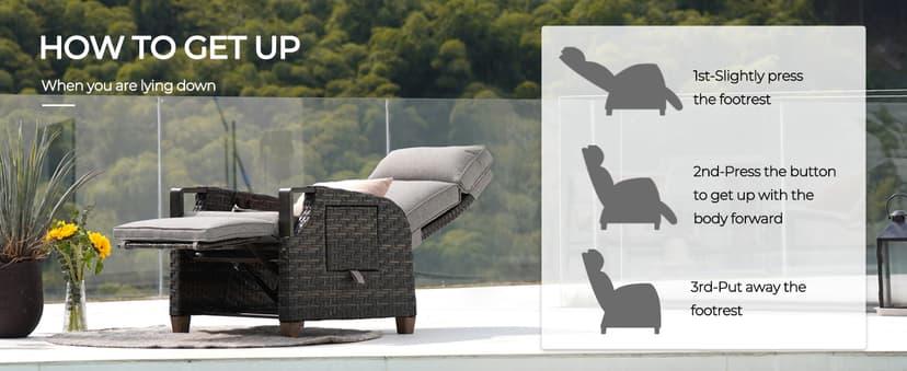 Grand patio Outdoor Recliner with Independent Adjustable Back and Footrest, Air Pump 150° Lay Flat Reclining Chair Removable Olefin Cushion Flip-Up Table Wicker Grey 1PC