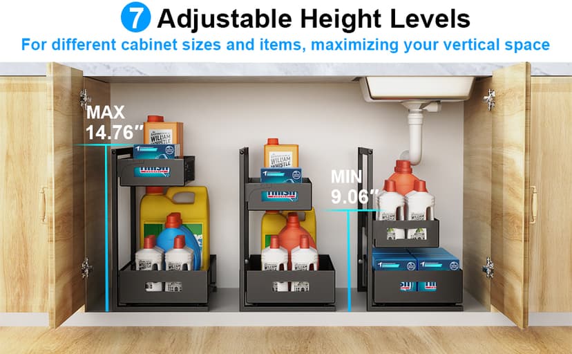 Under Sink Organizer Pull Out Cabinet Organizer Adjustable Height 2 Tier with Sliding Drawers Kitchen Bathroom Organizer and Storage(1pc)