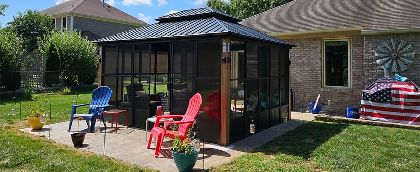 PURPLE LEAF 12' X 14' Patio Hardtop Gazebo Double Top Outdoor Screen House Aluminum Solarium Backyard Sun Room with Detachable Windows