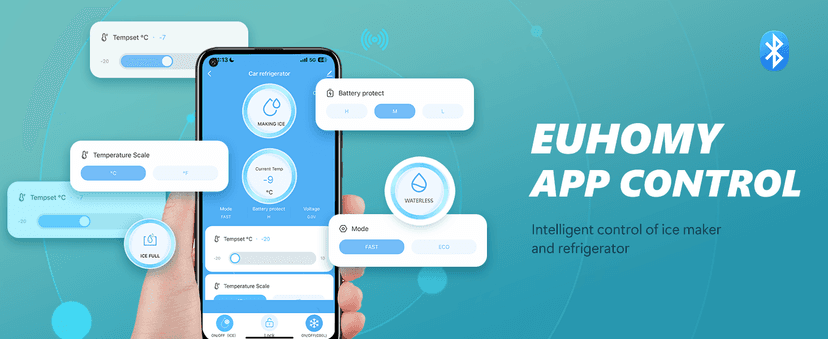 EUHOMY 12 Volt Refrigerator with Ice Maker, 48QT(45L) Electric Cooler Usable Battery Dual Zone, Car Refrigerator APP Control, 12V Fridge 12/24V DC 110-240V AC for Camping, Travel, Outdoor, Home