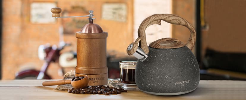 POLIVIAR Tea Kettle, 2.7 Quart Natural Stone Finish with Wood Pattern Handle Loud Whistle Food Grade Stainless Steel Teapot, Anti-Hot Handle and Anti-Rust, Suitable for All Heat Sources (JX2018-GR20)
