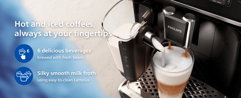 PHILIPS Series 3300 Fully Automatic Espresso Coffee Machine - 6 Hot & Iced Drinks, LatteGo Milk System, 40% Quieter SilentBrew, Ceramic Grinder, Aquaclean Filter, Glossy Black (EP3341/50)