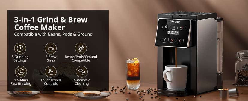 AIRMSEN Grind & Brew Coffee Maker with Grinder - Single Serve Machine Compatible with K-Cup Pods & Ground, 1000W Fast 6-14oz Brewer, Descaling Alert, Touchscreen & 50oz Removable Tank