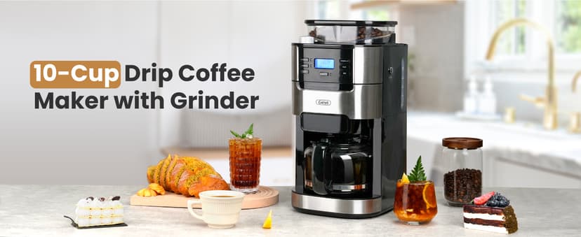 Gevi 10-Cup Coffee Maker with Built-in Burr Grinder, Programmable Timer, 1.5L Water Tank, Reusable Filter & Warming Plate – Drip Coffee Machine for Fresh Ground Coffee