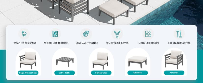 SERWALL HDPE Patio Furniture Set, 10 Pieces Outdoor Sectional Sofa Set, All-Weather Wood-Like Outdoor Sofa Couch with Coffee Table for Deck, Lawn, Grey Frame with Khaki Cushion