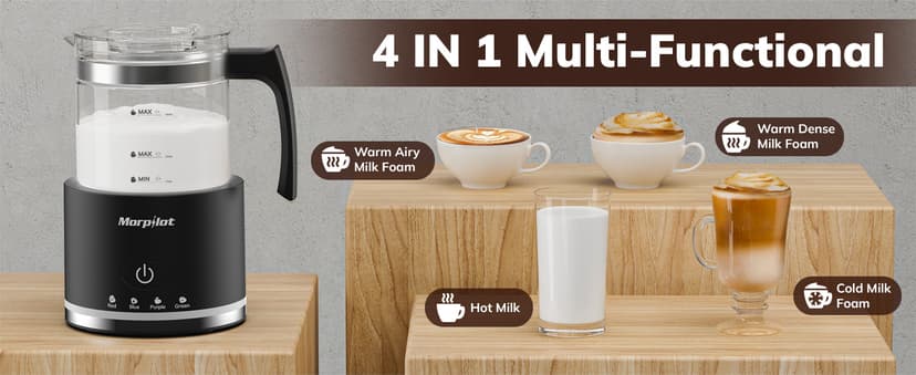Electric Milk Frother and Steamer, 16.9oz/500ml Milk Steamer and Frother for Latte, Dishwasher Safe, BPA Free, 4 Functions, Enjoy Perfect Milk Froth in 2 Min - Black