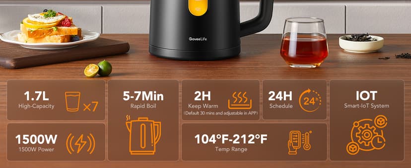 GoveeLife Smart Kettle Temperature Control 1.7L, 1500w WiFi Tea Kettle Electric with LED Indicator Lights, Remotely Control, 2H Keep Warm, 4 Presets Hot Water Boiler for Tea & Coffee & DIY