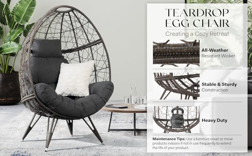 Bme Heavy Duty 400 lbs Capacity Wicker Egg Chairs for Outside & Indoor, Premium Soft Thick Olefin Fabric Cushion & UV 2000 Hours Material Teardrop Design, Durable Against Water, Weather