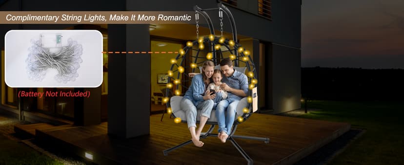 ZENPETIO Double Egg Chair with Stand, 2 Person Swing Egg Chair, Rattan Wicker Swing Chair with UV Resistant Cushion and Pillow, for Indoor Outdoor Bedroom Patio Hanging, Black