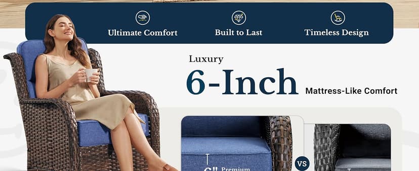 HILLGA Luxury Patio Furniture Set with 6-inch Thick Cushion, Outdoor Couch and High Back Swivel Rocker Patio Chairs, 7PCS Wicker Conversation Set for Deck Yard and Poolside, Blue (V2)