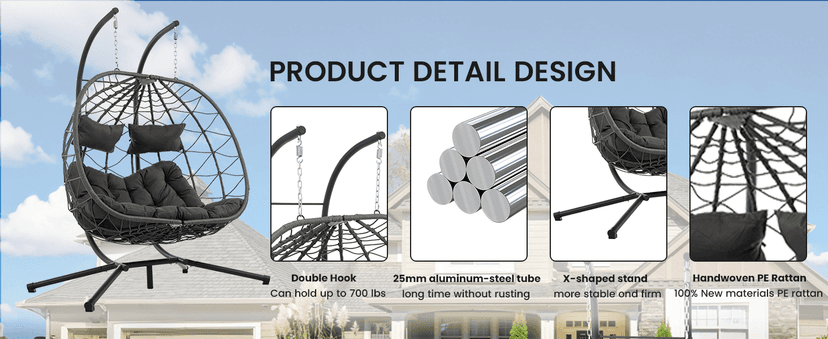 2 Person Double Egg Swing Chair with Stand Indoor Outdoor, Hammock Egg Chair Outdoor, Patio Wicker Hanging Egg Chair w/Cushion 700LBS Capacity for Bedroom, Balcony, Garden, Dark Grey