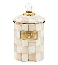 MACKENZIE-CHILDS Enamel Whistling Tea Kettle, Decorative Teapot for Stovetop, Brown-and-White Mocha Check