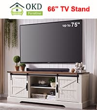 OKD Farmhouse TV Stand for 75 Inch TV with Sliding Barn Door, Rustic Wood Entertainment Center Large Media Console Cabinet Long Television Stands for 70 Inch TVs, Antique White
