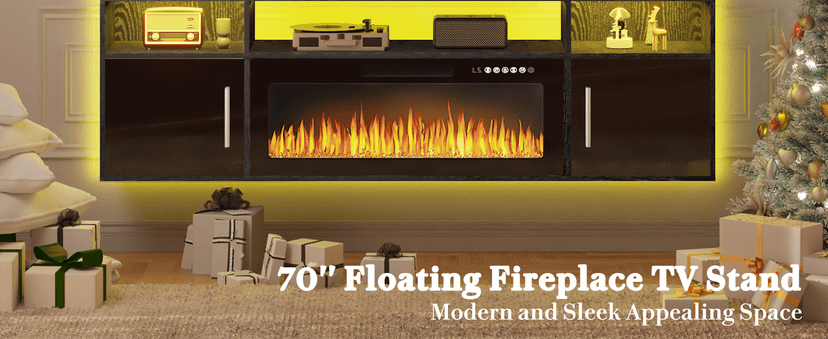 PUKAMI 70" Floating TV Stand with 36" Electric Fireplace,Wall Mounted Fireplace Entertainment Center with LED Lights and Highlight Storage Cabinet for TVs up to 80", for Living Room (Black)