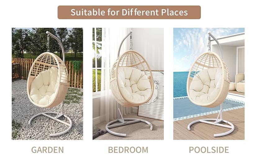 TWT Egg Swing Chair with Stand Hanging Egg Chair Outdoor - Rattan Wicker Patio Hanging Basket Chair Hammock Chair with Metal Frame and UV Resistant Cushion for Indoor Bedroom Balcony (Beige)