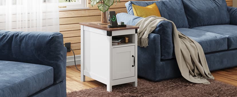 WLIVE End Table with Charging Station, Narrow Side Table for Living Room, Farmhouse Night Stand with Storage, Small Wooden Cabinet with USB Ports and Outlets for Living Room and Bedroom, Espresso