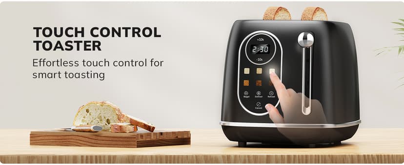 Keenstone Smart Touch Screen Toaster 2 Slice, Retro Wide Slot Stainless Steel Toaster with 6 Browning Levels, Reheat & Defrost, for Bagel, Toast, Bread, Removable Crumb Tray, Black
