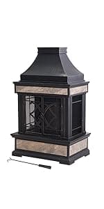 Sunjoy Outdoor Fireplace, Smith Collection Patio Wood Burning Steel Fireplace with Chimney, Spark Screen, Fire Poker, and Removable Grate, Copper with Yellow Tile