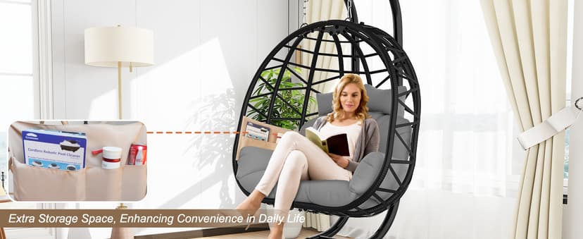 ZENPETIO Double Egg Chair with Stand, 2 Person Swing Egg Chair, Rattan Wicker Swing Chair with UV Resistant Cushion and Pillow, for Indoor Outdoor Bedroom Patio Hanging, Black