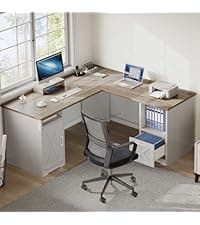 DWVO Farmhouse Office Desk with Drawer & Power Outlets, Wood Computer Desk w/LED Strip & Monitor Stand for Bedchamber Study, Home Office Table with Storage Cabinet for Working Writing Gaming (White)