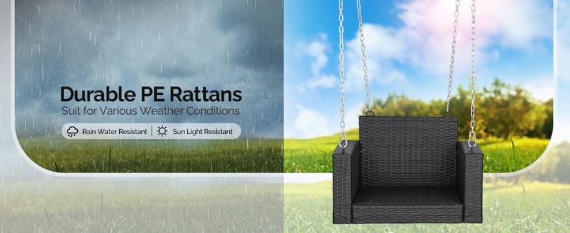 VINGLI 2.2 FT 1-Person Use Rattan Porch Swing Outdoor Support 440 LBS with Cushions & Adjustable Chains, Patio Wicker Swing Bench Chair for Garden, Yard, Lawn, Tree, Black