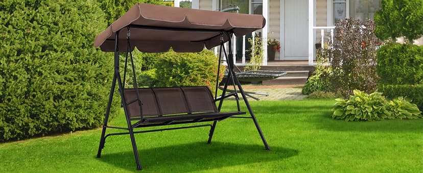 Yaheetech Outdoor Porch Swing Chair for Adults, 3-Seat Patio Hanging Swing w/Adjustable Canopy, Armrests, Porch Swing Sets w/Stand, Breathable Fabric for Backyard/Garden/Balcony, Dark Brown