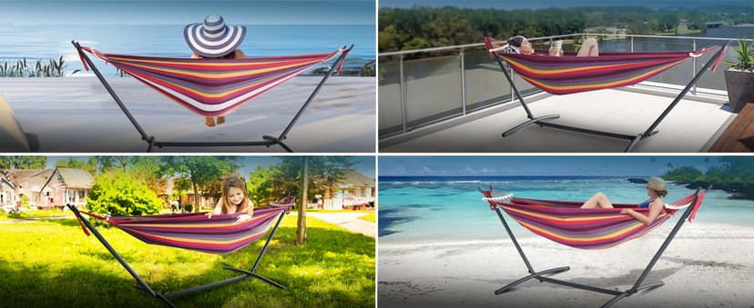 Double Hammock with Heavy-Duty Steel Stand,Portable,Easy Assembly,600lbs Weight Capacity,Perfect for Indoor,Yard,Camping,or Outdoor-Rainbow