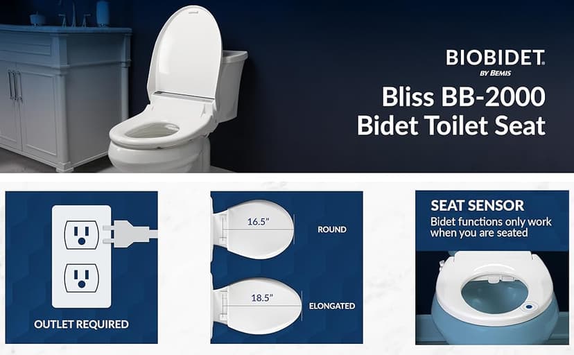 Bio Bidet BB2000 Bliss Electric Bidet Toilet Seat, Warm Water with Air Dryer, Heated Seat with Sensor and Slow Close Lid, Night Light, Remote Control, Elongated, White