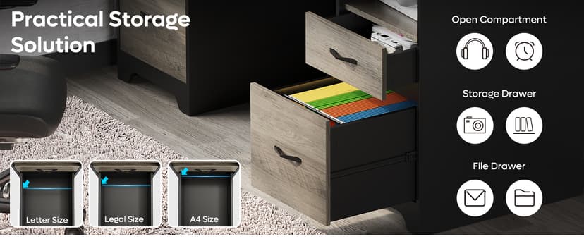 Bestier 59” Computer Desk with 4 Drawers, Office Desk with Storage, Industrial Executive Desk with File Drawer, Keyboard Tray & 2 Pedestals on Both Sides for Home Office & Studio, Grey