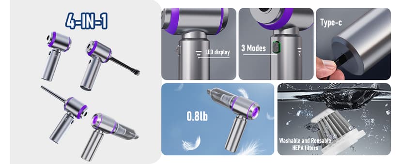 Car Vacuum Portable Cordless 20000PA High power Mini Vacuum Cleaner 4-in-1 Compressed Air Duster & Air Blower & Pump Hand Held Vacuum with Brushless Motor for Car, Home, Office,Camping (Purple)