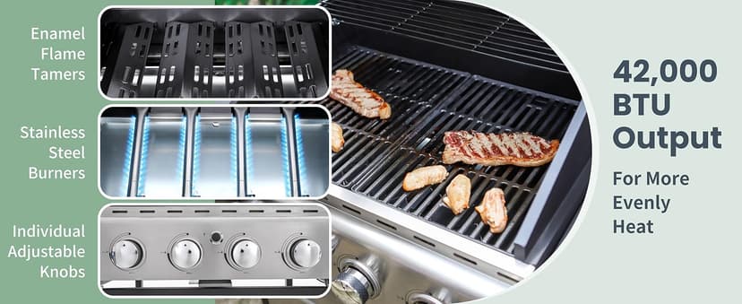 Captiva Designs 4-Burner Propane Gas BBQ Grill with Side Burner & Porcelain-Enameled Cast Iron Grates, 42,000 BTU Output Stainless Steel Grill for Outdoor Cooking Kitchen and Patio Backyard Barbecue