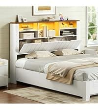 HOOBRO Farmhouse End Table with Charging Station, 23.6" Large End Tables for Living Room, Sofa Side Table with Barn Door, Wooden Square Nightstand Bedside Table, Flip Top, White and Walnut WH601UBZ01