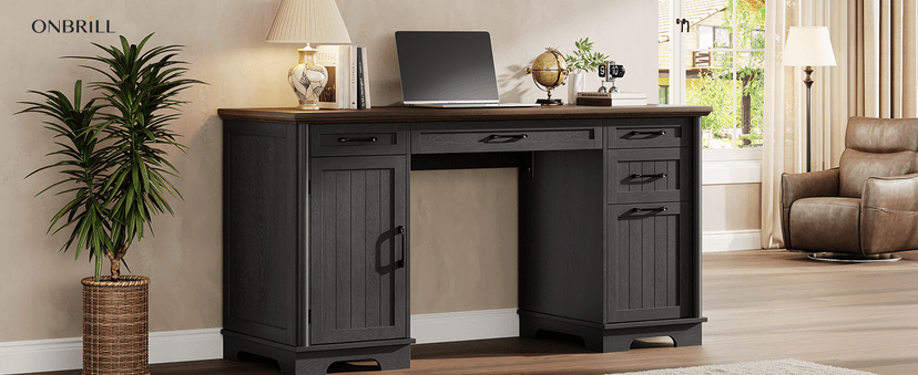 56" Large Modern Executive Desk, Farmhouse Computer Desk with File Drawers, Wood Home Office Desks with Charging Station, Adjustable Shelf, Storage Cabinet, for Writing Work Study (Black)